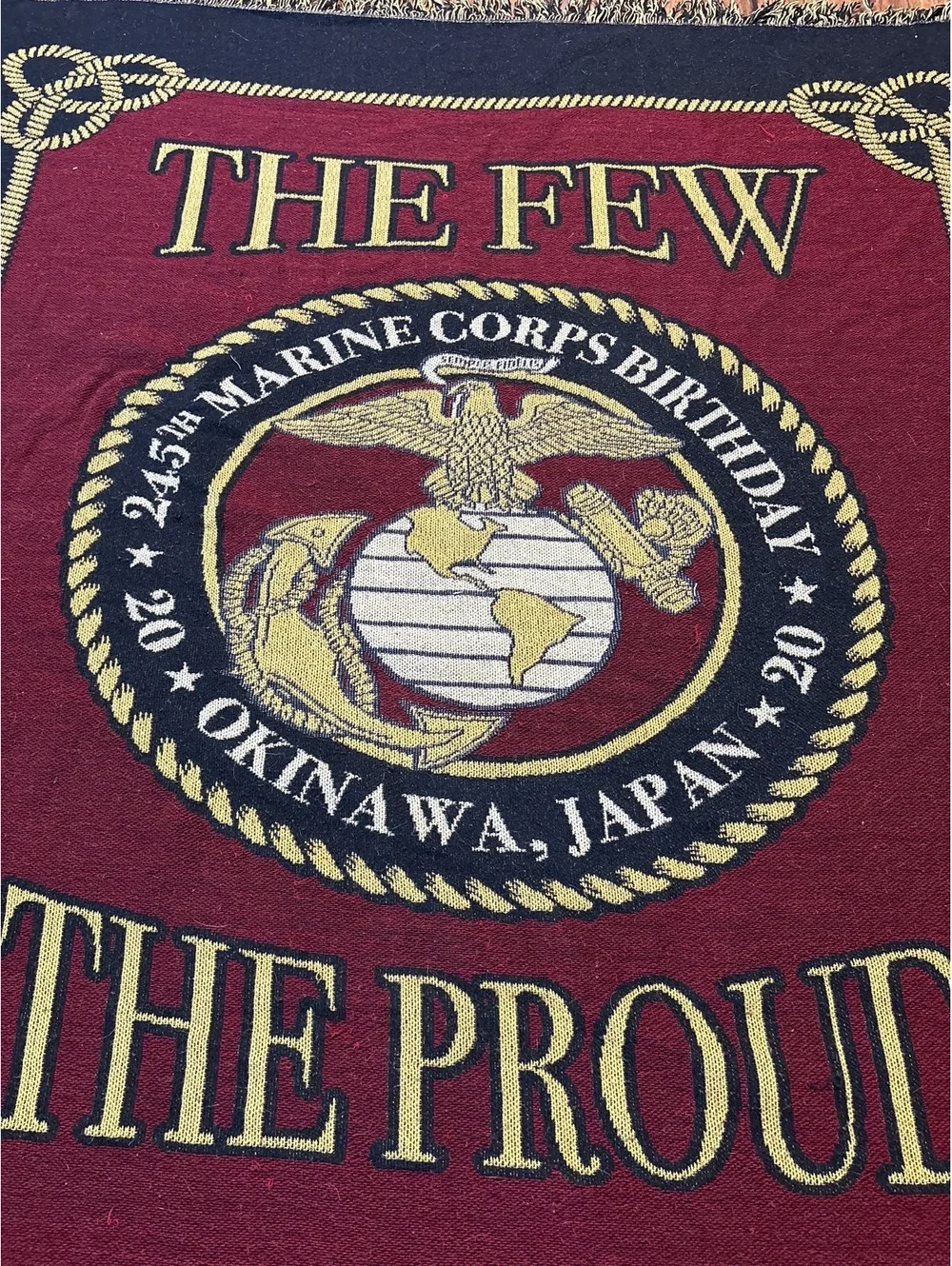USMC Woven Throw Blanket Unisex 54x60 Burgundy Excellent 245th Birthday Okinawa